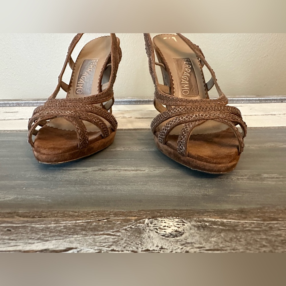 Salvatore Ferragamo Brown Leather Suede Stiletto Slingbacks - Size 8.5 - Picture 8 of 11
